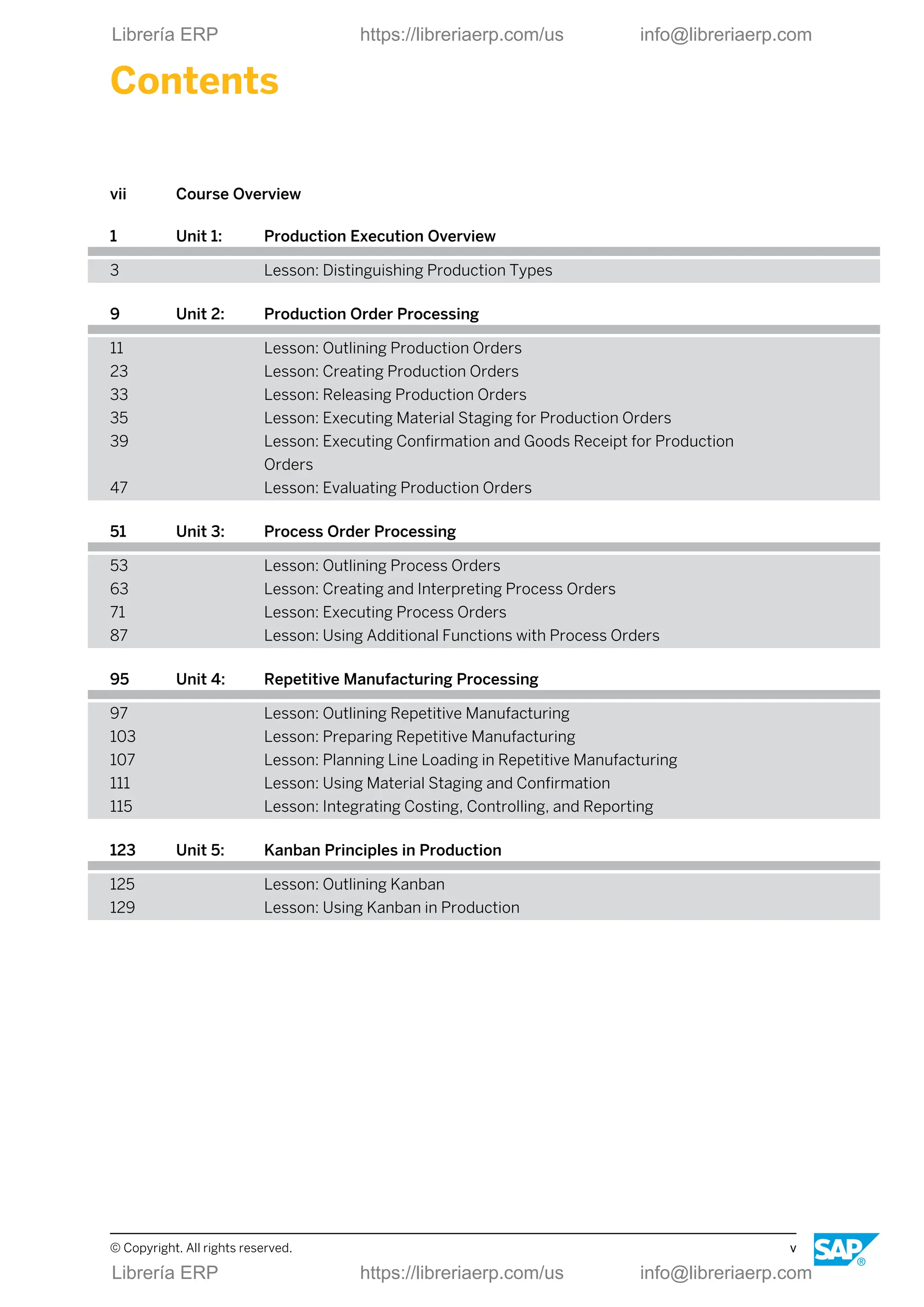Contents
vii Course Overview
1 Unit 1: Production Execution Overview
3 Lesson: Distinguishing Production Types
9 Unit 2: Production Order Processing
11 Lesson: Outlining Production Orders
23 Lesson: Creating Production Orders
33 Lesson: Releasing Production Orders
35 Lesson: Executing Material Staging for Production Orders
39 Lesson: Executing Confirmation and Goods Receipt for Production
Orders
47 Lesson: Evaluating Production Orders
51 Unit 3: Process Order Processing
53 Lesson: Outlining Process Orders
63 Lesson: Creating and Interpreting Process Orders
71 Lesson: Executing Process Orders
87 Lesson: Using Additional Functions with Process Orders
95 Unit 4: Repetitive Manufacturing Processing
97 Lesson: Outlining Repetitive Manufacturing
103 Lesson: Preparing Repetitive Manufacturing
107 Lesson: Planning Line Loading in Repetitive Manufacturing
111 Lesson: Using Material Staging and Confirmation
115 Lesson: Integrating Costing, Controlling, and Reporting
123 Unit 5: Kanban Principles in Production
125 Lesson: Outlining Kanban
129 Lesson: Using Kanban in Production
© Copyright. All rights reserved. v
Librería ERP https://libreriaerp.com/us info@libreriaerp.com
Librería ERP https://libreriaerp.com/us info@libreriaerp.com
 