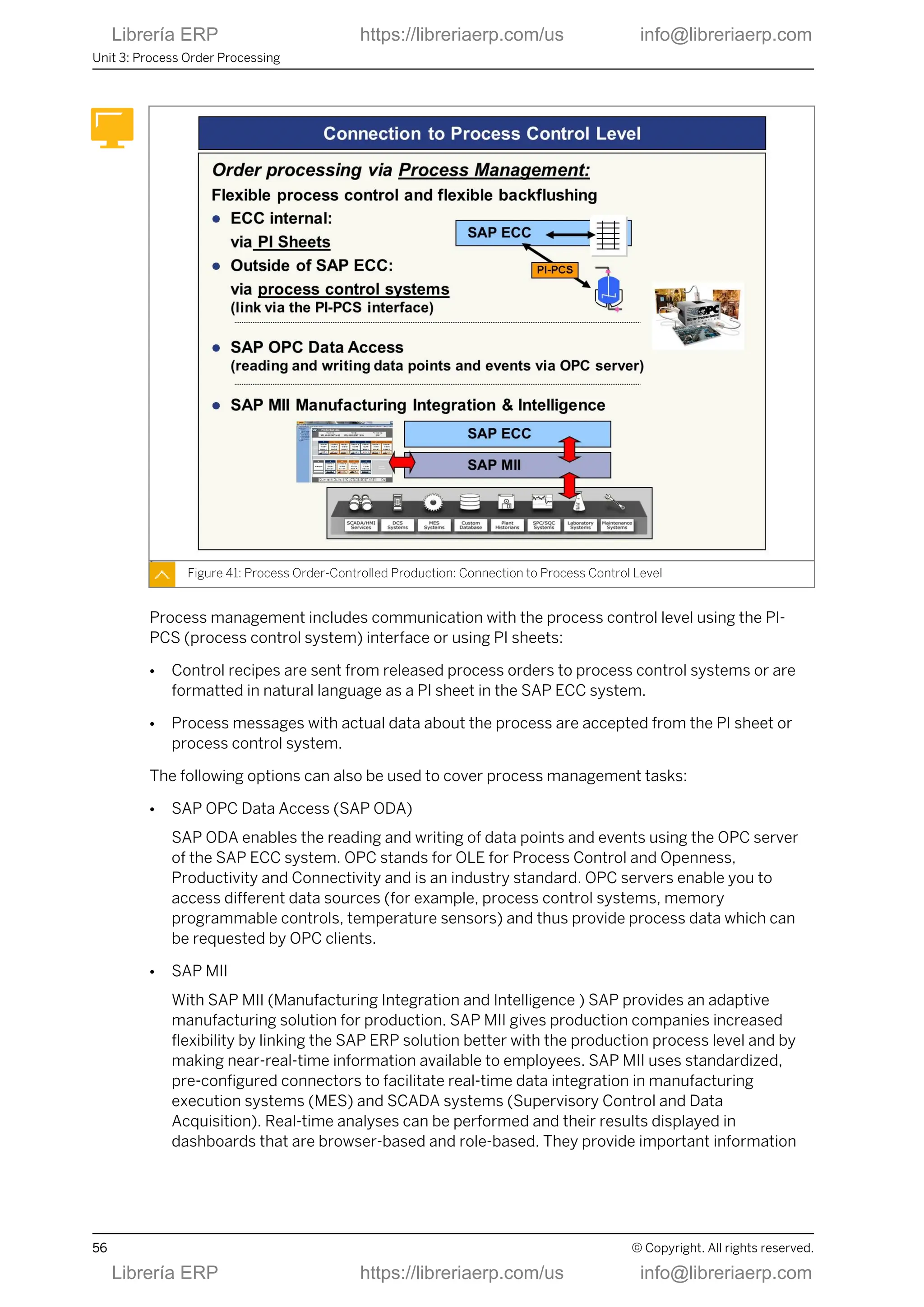 Figure 41: Process Order-Controlled Production: Connection to Process Control Level
Process management includes communication with the process control level using the PI-
PCS (process control system) interface or using PI sheets:
● Control recipes are sent from released process orders to process control systems or are
formatted in natural language as a PI sheet in the SAP ECC system.
● Process messages with actual data about the process are accepted from the PI sheet or
process control system.
The following options can also be used to cover process management tasks:
● SAP OPC Data Access (SAP ODA)
SAP ODA enables the reading and writing of data points and events using the OPC server
of the SAP ECC system. OPC stands for OLE for Process Control and Openness,
Productivity and Connectivity and is an industry standard. OPC servers enable you to
access different data sources (for example, process control systems, memory
programmable controls, temperature sensors) and thus provide process data which can
be requested by OPC clients.
● SAP MII
With SAP MII (Manufacturing Integration and Intelligence ) SAP provides an adaptive
manufacturing solution for production. SAP MII gives production companies increased
flexibility by linking the SAP ERP solution better with the production process level and by
making near-real-time information available to employees. SAP MII uses standardized,
pre-configured connectors to facilitate real-time data integration in manufacturing
execution systems (MES) and SCADA systems (Supervisory Control and Data
Acquisition). Real-time analyses can be performed and their results displayed in
dashboards that are browser-based and role-based. They provide important information
Unit 3: Process Order Processing
56 © Copyright. All rights reserved.
Librería ERP https://libreriaerp.com/us info@libreriaerp.com
Librería ERP https://libreriaerp.com/us info@libreriaerp.com
 