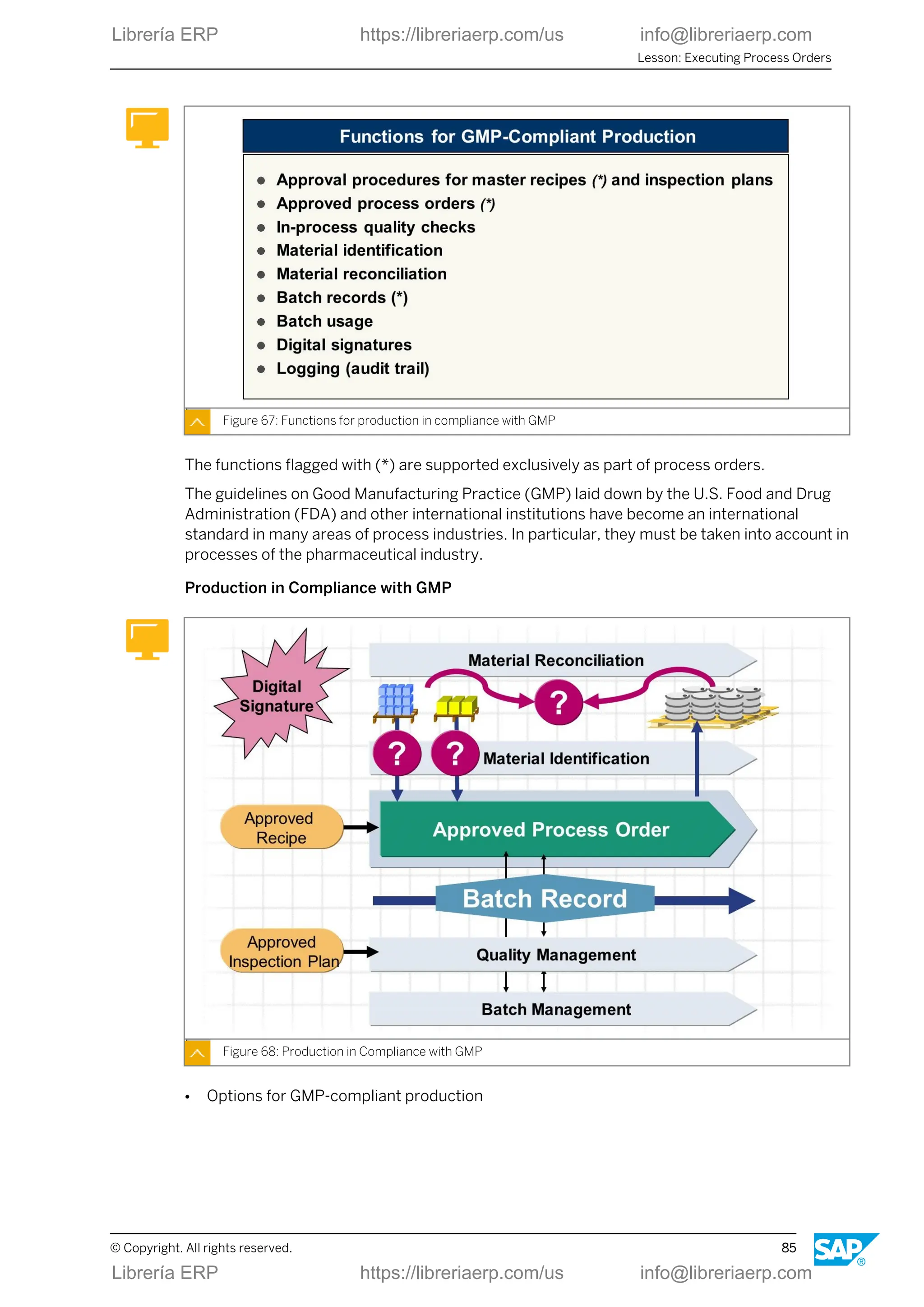 Figure 67: Functions for production in compliance with GMP
The functions flagged with (*) are supported exclusively as part of process orders.
The guidelines on Good Manufacturing Practice (GMP) laid down by the U.S. Food and Drug
Administration (FDA) and other international institutions have become an international
standard in many areas of process industries. In particular, they must be taken into account in
processes of the pharmaceutical industry.
Production in Compliance with GMP
Figure 68: Production in Compliance with GMP
● Options for GMP-compliant production
Lesson: Executing Process Orders
© Copyright. All rights reserved. 85
Librería ERP https://libreriaerp.com/us info@libreriaerp.com
Librería ERP https://libreriaerp.com/us info@libreriaerp.com
 