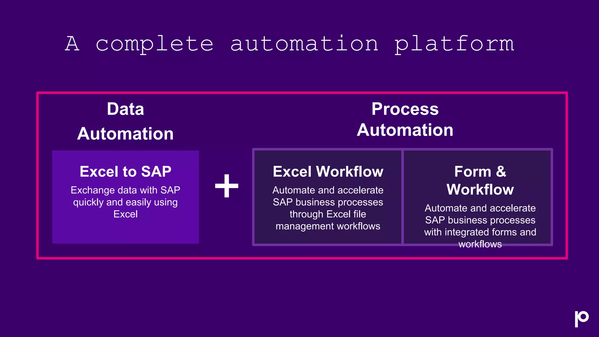 A complete automation platform
Excel to SAP
Exchange data with SAP
quickly and easily using
Excel
Form &
Workflow
Automate and accelerate
SAP business processes
with integrated forms and
workflows
Excel Workflow
Automate and accelerate
SAP business processes
through Excel file
management workflows
Process
Automation
Data
Automation
 