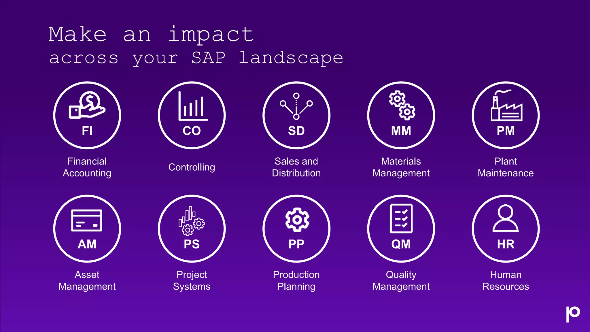 Make an impact
across your SAP landscape
Financial
Accounting
FI
Controlling
CO
Sales and
Distribution
SD
Materials
Management
MM
Plant
Maintenance
PM
Asset
Management
AM
Project
Systems
PS
Production
Planning
PP
Quality
Management
QM
Human
Resources
HR
 