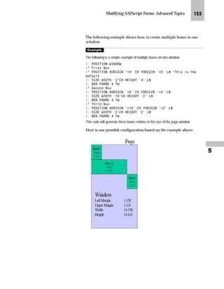 JMQ SAPscript Made Easy | Release 4.6
Some of the bar codes are higher than one line, which may cause the previous
lines to overlap. To avoid overlapping, add blank lines before the line with the
bar code. Assign a paragraph format to the blank lines. Make sure the
paragraph format is not defined to automatically suppress or compress blank
lines.
To check the paragraph settings, go to standard attributes and ensure that the
No blank lines checkbox is deselected.
It is not possible to change the height of a bar code within a form. To change the
height of a bar code you have to define your own bar code. To define your own
barcode, you can use the font maintenance transaction SE73. Your barcodes
must begin with Y or Z.
For more information, see the R/3 online documentation (Basis →
BasisService/Communication Interfaces → SAPscript.
In our example, notice the bar code, which reserves space for the entire material
number field (this field is 18 characters long). If you do not use all 18 characters
and do not want to waste space, delimit the field length by using the output
length formatting option. The symbol definition should be VBDPA-
MATNR(8)
In a numerical bar code, some scanners cannot read special characters. For
these scanners, omit the special characters inserted by SAPscript during
formatting. An example of a special character is the delimiter for “Thousands”
that is used for some numerical fields. For more information on formatting
options, see “Overview of Formatting Options” on page 222 and “Syntax of
Formatting Options” on page 249.
Tips  Tricks
TechTalk
TechTalk
 