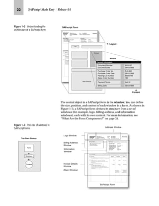 KK SAPscript Made Easy | Release 4.6
Figure 1–2 Understanding the
architecture of a SAPscript form
The central object in a SAPscript form is the window. You can define
the size, position, and content of each window in a form. As shown in
Figure 1–3, a SAPscript form derives its structure from a set of
windows (for example, logo, billing address, and information
windows), each with its own content. For more information, see
“What Are the Form Components?” on page 35.
Figure 1–3 The role of windows in
SAPscript forms
Logo
Window
Main Window
Payment Information
Document Number 9000167
Document Date 06/03/1999
Purchase Order No. RJC-893
Purchase Order Date 06/02/1999
Packing List Number 80000145
Sales Order Number 180
Payment Terms Net 30
Billing Date 06/03/1999
Layout
Content
Window
SAPscript Form
Form
Windows
Content
Top-Down Strategy
SAPscript Form
Logo Window
Billing Address
Window
Address Window
Information
Window
Invoice Details
Window
(Main Window)
 