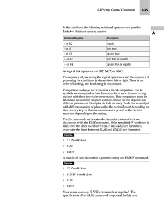 SAPscript Control Commands KKP
Z
This list generates the following address:
Company
Widget Technology, Inc.
All Kinds of Widgets
PO box 2935
Foster City, CA 94400
If the DELIVERY supplement is specified for the ADDRESS command, then the
street, not the P.O. Box, is entered.
Company
Widget Technology, Inc.
All Kinds of Widgets
1005 Lido Lane
Foster City, CA 94404
[hmmhfS ]~‚‡~ _ˆˆ~‹ m~‘ ‚‡ z p‚‡}ˆ
For MAIN, determine the lines, also known as footer texts, which are
always automatically output at the bottom of that window.
l’‡z‘
 %27720


 (1'%27720
The text lines between the two commands are output at the bottom of MAIN.
^‘z†‰…~
To switch a footer text off, enter the command pair BOTTOM.. ENDBOTTOM with no
text lines in between:
 %27720
 (1'%27720
Footer text no longer appears at the bottom of the page from and including this page.
SAPscript calls the ADDRESS_INTO_PRINTFORM function module to format
the address. If the display is not in the required form, check the settings that are
valid for this function module (see the documentation on the function module).TechTalk
If there is sufficient space in the window, a footer text is output on the current
page.
Only use footer texts in texts that are not printed with application programs, such
as dunning texts, ordering texts. These application programs also work with
footer texts with the form interface, which can lead to unwanted results.
TechTalk
 