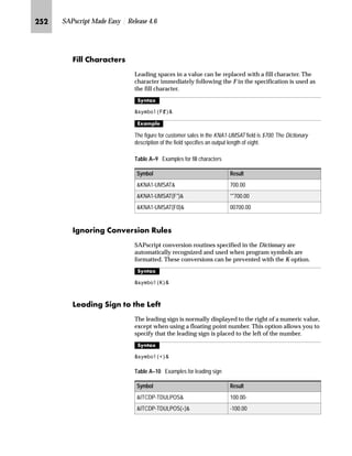 KMM SAPscript Made Easy | Release 4.6
l^m hngmkrS ˆŽ‡‹’Fl‰~|‚‚| _ˆ‹†z‚‡€
Some field types are formatted to be country-specific. This includes
the display of a date, the decimal point, or the thousands separator.
Normally, the display types defined in the user master record are used
here. With the control command SET COUNTRY, a format
alternative to that in the user master record can be chosen, which is
stored country-specifically in table T005X.
l’‡z‘
 6(7 28175 Country key
This country key can be entered either directly in quotes or with a
symbol.
^‘z†‰…~
 6(7 28175 ¶$1·
 6(7 28175 Country key
By entering an empty country name, you can return to the values set in the user
master record.
 6(7 28175 ¶ ¶
The corresponding ABAP command is called internally by SAPscript.
l^m ]Zm^ fZldS _ˆ‹†z‚‡€ ˆ ]z~ _‚~…}Œ
Formatting date fields can be defined with the SAPscript command
SET DATE MASK. After executing this command, all the date fields
are output with this display.
l’‡z‘
 6(7 '$7( 0$6. ¶date mask·
If the required formats are incorrect, check the settings in table T005X.
Tips  Tricks
 
