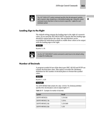 SAPscript Control Commands KMN
Z
In the date mask, the following edit formats can be used:
All other characters in the mask are interpreted as text and copied
correspondingly.
^‘z†‰…~
Assume that the current system date is March 1, 2000.
 6(7 '$7( 0$6. ¶:DOOGRUI ''00·
'$7(
k~ŒŽ…S
Walldorf, 01.03.00
 6(7 '$7( 0$6. ¶'' 0000 ·
'$7(
k~ŒŽ…S
01 March 2000
^‘z†‰…~
By specifying an empty string as the date mask, you can switch back to the default
display:
 6(7 '$7( 0$6. ¶ ¶
Table A–5 Date mask: Edit formats
Edit format Description
DD Day (two-digit)
DDD Day name abbreviated
DDDD Day name in full
MM Month (two-digit)
MMM Month name abbreviated
MMMM Month name in full
YY Year (two-digit)
YYYY Year (four-digit)
 