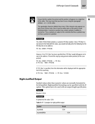 SAPscript Control Commands KMR
Z
l’‡z‘ ˆ _ˆ‹†z‚‡€ h‰‚ˆ‡Œ
z‡€‚‡€ ~ oz…Ž~ ˆ z ˆŽ‡~‹
You can increase or decrease the value of SAPSCRIPT-COUNTER_x
(x=0.. 9) counter variable by 1, before the current counter value is
printed.
l’‡z‘
6$365,372817(5B[ 