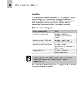 MK SAPscript Made Easy | Release 4.6
oz‹‚z{…~Œ
A variable name consists of the name of a DDIC structure, a hyphen,
and a field name. All variable names must also be enclosed in
ampersands (). If you want to output variables, you may format
them. This step is necessary if you do not want the standard
formatting of the variables coming from the data dictionary.
For a detailed list of formatting options, see Appendix A, “SAPscript
Control Commands” on page 221.
Table 2–2 Common formatting options
Common formatting options Syntax
Truncating the variable length table-field(n)
prints the first n characters of the
variable
Specifying the number of decimals table-field(.l)
prints the variable with l decimals
Outputting the variable with an offset table-field+m
prints the rest of the variable after the
first m characters
Omitting leading zeros table-field(Z)
omits the leading zeros
Only the combinations of the first three formatting options are allowed. The
syntax used to combine all three formatting options is: table-
field+m(n.l)Tips  Tricks
 