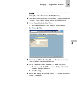 Modifying SAPscript Forms: The Basics RL

MG On the Window MAIN screen:
zG Scroll down until you see the command line ITEM_HEADER.
{G From the menu bar, choose Format → Paragraph on/off to display
the tabs in the PC Editor.
NG Highlight the text Item and the subsequent tab (represented by an
arrow) and delete both (press the Delete key on your keyboard).
If you do not know the
paragraph format which is
used for a text element in
the PC Editor, you can display the
paragraph format by choosing
Formats. For the first text
element displayed under the
command line ULINE (71), the
paragraph format is IL (line item).
 