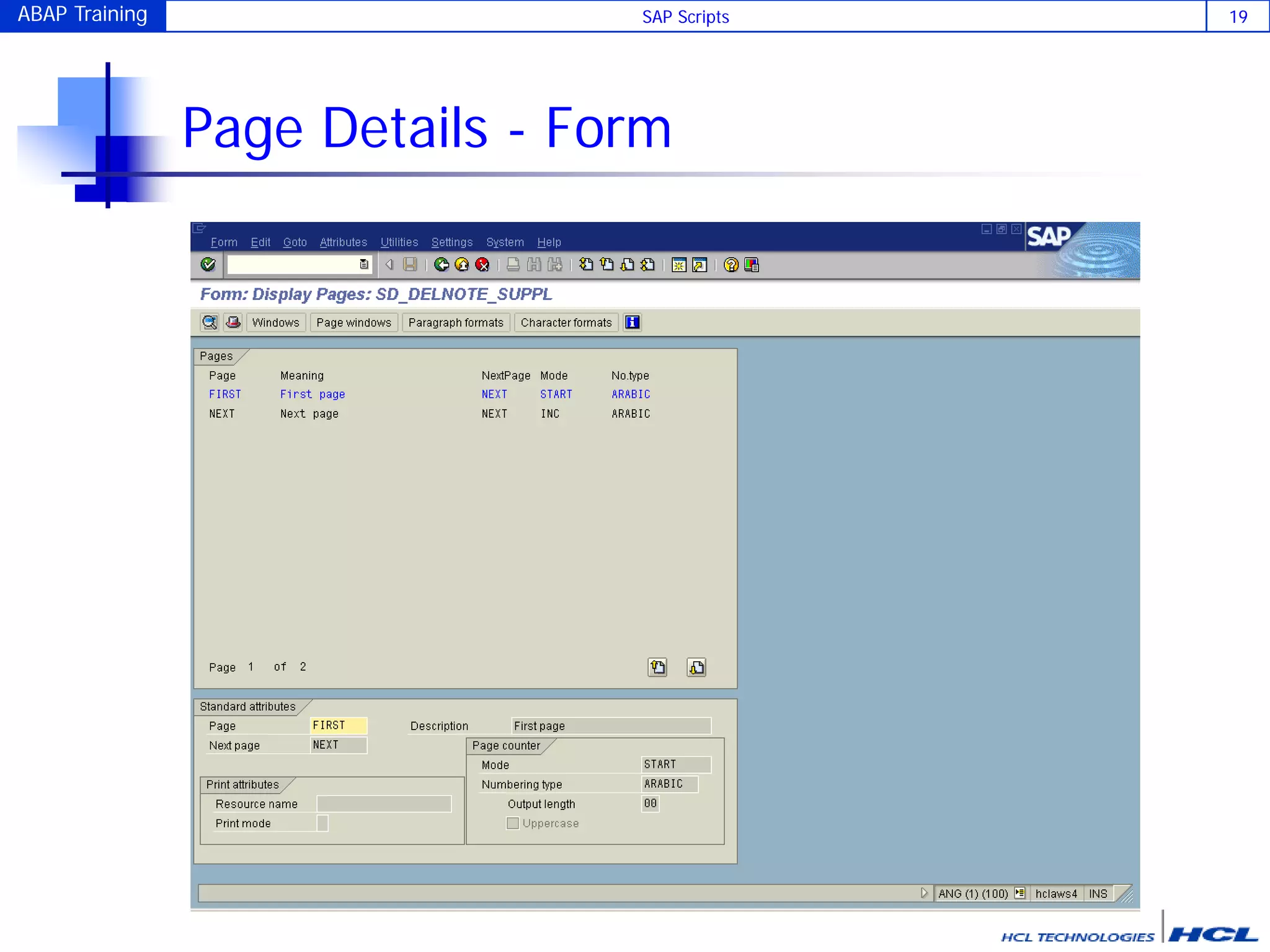 ABAP Training SAP Scripts 19
Page Details - Form
 