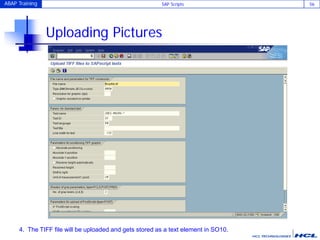 ABAP Training SAP Scripts 56
Uploading Pictures
4. The TIFF file will be uploaded and gets stored as a text element in SO10.
 