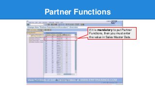 Partner Functions
If it is mandatory to put Partner
Functions, then you must enter
the value in Sales Master Data.
 