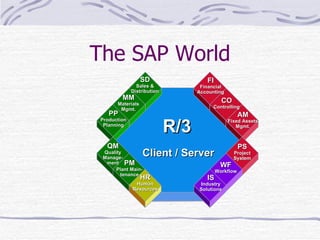 The SAP World R/3 Client / Server FI Financial Accounting CO Controlling AM Fixed Assets Mgmt. PS Project System WF Workflow IS Industry Solutions MM Materials Mgmt. HR Human Resources SD Sales & Distribution PP Production Planning QM Quality Manage-ment PM Plant Main-tenance 
