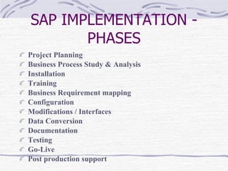 SAP IMPLEMENTATION - PHASES Project Planning Business Process Study & Analysis Installation  Training Business Requirement mapping  Configuration Modifications / Interfaces Data Conversion Documentation Testing Go-Live Post production support  