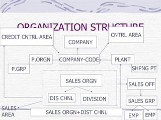 ORGANIZATION STRUCTURE COMPANY COMPANY-CODE PLANT SHPNG PT P.ORGN P.GRP SALES ORGN DIS CHNL DIVISION SALES OFF SALES GRP SALES ORGN+DIST CHNL EMP EMP CNTRL AREA CREDIT CNTRL AREA SALES AREA 