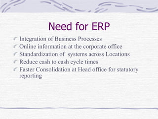 Need for ERP Integration of Business Processes Online information at the corporate office  Standardization of  systems across Locations  Reduce cash to cash cycle times  Faster Consolidation at Head office for statutory reporting 
