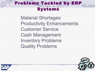 Problems Tackled by ERP Systems Material Shortages  Productivity Enhancements Customer Service Cash Management Inventory Problems Quality Problems 