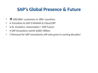 SAP’s Global Presence & Future
• 🌍 400,000+ customers in 180+ countries
• • Transition to SAP S/4HANA & Cloud ERP
• • AI, Analytics, Automation = SAP Future
• • SAP Ecosystem worth $260+ Billion
• ✨ Demand for SAP consultants will only grow in coming decades!
 