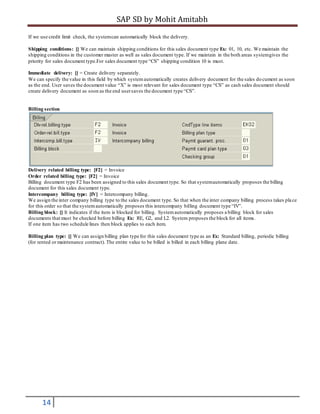 SAP SD by Mohit Amitabh
14
If we use credit limit check, the systemcan automatically block the delivery.
Shipping conditions: [] We can maintain shipping conditions for this sales document type Ex: 01, 10, etc. We maintain the
shipping conditions in the customer master as well as sales document type. If we maintain in the both areas systemgives the
priority for sales document type.For sales document type “CS” shipping condition 10 is must.
Immediate delivery: [] = Create delivery separately.
We can specify the value in this field by which systemautomatically creates delivery document for the sales do cument as soon
as the end. User saves the document value “X” is most relevant for sales document type “CS” as cash sales document should
create delivery document as soon as the end usersaves the document type “CS”.
Billing section
Delivery related billing type: [F2] = Invoice
Order related billing type: [F2] = Invoice
Billing document type F2 has been assigned to this sales document type. So that systemautomatically proposes the billing
document for this sales document type.
Intercompany billing type: [IV] = Intercompany billing.
We assign the inter company billing type to the sales document type. So that when the inter company billing process takes pla ce
for this order so that the systemautomatically proposes this intercompany billing document type “IV”.
Billing block: [] It indicates if the item is blocked for billing. Systemautomatically proposes a billing block for sales
documents that must be checked before billing Ex: RE, G2, and L2. System proposes the block for all items.
If one item has two schedule lines then block applies to each item.
Billing plan type: [] We can assign billing plan type for this sales document type as an Ex: Standard billing, periodic billing
(for rented or maintenance contract). The entire value to be billed is billed in each billing plane date.
 