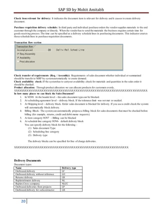 SAP SD by Mohit Amitabh
20
Check item relevant for delivery: It indicates the document item is relevant for delivery and it causes to create delivery
document.
Purchase requisition delivery schedule: In third party and individual purchase orders the vendorsupplies materials to the end
customer through the company or directly. When the vendorhas to send the materials the business requires certain time for
goods receiving process.The time can be specified as a delivery schedule lines in purchasing documents. This indicator creat es
those schedule lines in purchase requisition documents.
Transaction flow section
Check transfer of requirements (Req. / Assembly): Requirements of sales document whether individual or summarized
should be transfer to MRP by systemautomatically to create demand.
Check availability check: If the systemhas to carryout availability check for materials and quantities in the sales order it
should be checked.
Product allocation: Through product allocation we can allocate products for customers evenly.
XXXXXXXXXXXXXXXXXXXXXXXXXXXXXXXXXXXXXXXXXXXXXXXXXXXXXXXXXXXXXXXXXXXXXXX
In how many places we can block the Sales Document?
1. In VOV8 At the header level – the sales document type can be blocked.
2. At scheduling agreement level – delivery block. If the tolerance limit was not met or excided.
3. At Shipping level – delivery block. Entire sales document is blocked for delivery. If you use a credit check the system
will automatically block delivery.
4. Billing Block- The systemcan automatically propose a billing block for sales documents that must be checked before
billing (for example, returns, credit and debit memo requests).
5. At item category VOV7 – Billing can be blocked
6. At schedule line category VOV6- default delivery block
You can specify delivery block for the following :
(1) Sales document Type
(2) Scheduling line category
(3) Delivery type
The delivery blocks can be specified for free of charge deliveries.
XXXXXXXXXXXXXXXXXXXXXXXXXXXXXXXXXXXXXXXXXXXXXXXXXXXXXXXXXXXXX
Delivery Documents
Document types
Name Delivery type
Outbound delivery LF
Outbound delivery without reference LO
Returns delivery LR
Replenishment delivery NL
Replen.Cross-company NLCC
Outbound deliveries from projects LP
Outbound delivery for subcontractor LB
 