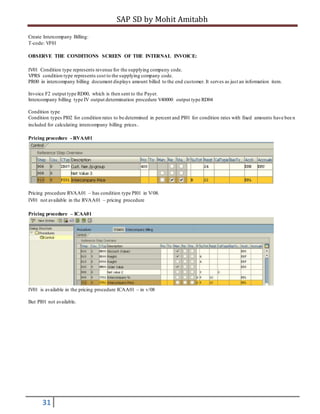 SAP SD by Mohit Amitabh
31
Create Intercompany Billing:
T-code: VF01
OBSERVE THE CONDITIONS SCREEN OF THE INTERNAL INVOICE:
IV01 Condition type represents revenue for the supplying company code.
VPRS condition type represents cost to the supplying company code.
PR00 in intercompany billing document displays amount billed to the end customer. It serves as just an information item.
Invoice F2 output type RD00, which is then sent to the Payer.
Intercompany billing type IV output determination procedure V40000 output type RD04
Condition type
Condition types PI02 for condition rates to be determined in percent and PI01 for condition rates with fixed amounts have bee n
included for calculating intercompany billing prices.
Pricing procedure - RVAA01
Pricing procedure RVAA01 – has condition type PI01 in V/08.
IV01 not available in the RVAA01 – pricing procedure
Pricing procedure – ICAA01
IV01 is available in the pricing procedure ICAA01 – in v/08
But PI01 not available.
 