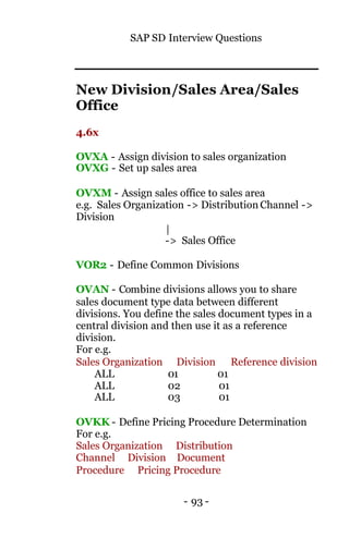 SAP SD Interview Questions
- 93 -
New Division/Sales Area/Sales
Office
4.6x
OVXA - Assign division to sales organization
OVXG - Set up sales area
OVXM - Assign sales office to sales area
e.g. Sales Organization -> Distribution Channel ->
Division
|
-> Sales Office
VOR2 - Define Common Divisions
OVAN - Combine divisions allows you to share
sales document type data between different
divisions. You define the sales document types in a
central division and then use it as a reference
division.
For e.g.
Sales Organization Division Reference division
ALL 01 01
ALL 02 01
ALL 03 01
OVKK - Define Pricing Procedure Determination
For e.g.
Sales Organization Distribution
Channel Division Document
Procedure Pricing Procedure
 