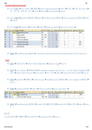 SAP SD
Amit Kumar 118
“Common discount concept”
 Go to V/07  new entries  ZDIS  New common discount  enter  select  click on Access 
10 – 512, 20 – 505, 30 – 513  enter  select  click on field  save it.
 Go to V/06  position  K007  copy  condition copy (ZDIS)  Access sequence (ZDIS)  enter
 save it.
 Go to V/08  position  ZVAA01  select  click on control  go to new entries 
 VK11  condition type (ZDIS)  select key combination one by one and put some % here and save it.
“TAX”
 V/03  table [517]  select country departure  generate  save it
 V/07  new entries  ZWST [MWST standard condition type for tax – not for Indian company] 
enter  select click on access  new entries  10 – 517  enter  select and click on field  save it.
 V/06  position  MWST  click on copy  condition type [ZWST]  access sequence [ZWST] 
save it.
 V/08  position ZVAA01  select  click on control  go to new entries 
 VK11  condition type (ZWST)  country (IN)  PI (IN)  amount (4%)  tax (Y5)  enter  save
it.
For Y5
T-code FTXP  IN  IN  Tax code (Y5)  output tax (4%)  save it.
 