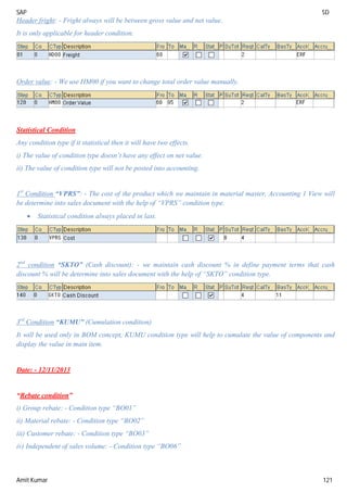 SAP SD
Amit Kumar 121
Header fright: - Fright always will be between gross value and net value.
It is only applicable for header condition.
Order value: - We use HM00 if you want to change total order value manually.
Statistical Condition
Any condition type if it statistical then it will have two effects.
i) The value of condition type doesn’t have any effect on net value.
ii) The value of condition type will not be posted into accounting.
1st
Condition “VPRS”: - The cost of the product which we maintain in material master, Accounting 1 View will
be determine into sales document with the help of “VPRS” condition type.
 Statistical condition always placed in last.
2nd
condition “SKTO” (Cash discount): - we maintain cash discount % in define payment terms that cash
discount % will be determine into sales document with the help of “SKTO” condition type.
3rd
Condition “KUMU” (Cumulation condition)
It will be used only in BOM concept, KUMU condition type will help to cumulate the value of components and
display the value in main item.
Date: - 12/11/2013
“Rebate condition”
i) Group rebate: - Condition type “BO01”
ii) Material rebate: - Condition type “BO02”
iii) Customer rebate: - Condition type “BO03”
iv) Independent of sales volume: - Condition type “BO06”
 