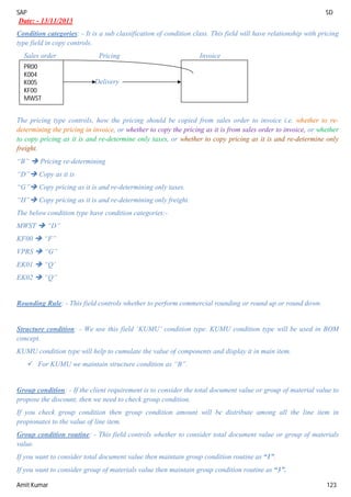 SAP SD
Amit Kumar 123
Date: - 13/11/2013
Condition categories: - It is a sub classification of condition class. This field will have relationship with pricing
type field in copy controls.
Sales order Pricing Invoice
Delivery
The pricing type controls, how the pricing should be copied from sales order to invoice i.e. whether to re-
determining the pricing in invoice, or whether to copy the pricing as it is from sales order to invoice, or whether
to copy pricing as it is and re-determine only taxes, or whether to copy pricing as it is and re-determine only
freight.
“B”  Pricing re-determining
“D” Copy as it is
“G” Copy pricing as it is and re-determining only taxes.
“H” Copy pricing as it is and re-determining only freight.
The below condition type have condition categories:-
MWST  “D”
KF00  “F”
VPRS  “G”
EK01  “Q’
EK02  “Q”
Rounding Rule: - This field controls whether to perform commercial rounding or round up or round down.
Structure condition: - We use this field ‘KUMU’ condition type. KUMU condition type will be used in BOM
concept.
KUMU condition type will help to cumulate the value of components and display it in main item.
 For KUMU we maintain structure condition as “B”.
Group condition: - If the client requirement is to consider the total document value or group of material value to
propose the discount, then we need to check group condition.
If you check group condition then group condition amount will be distribute among all the line item in
propionates to the value of line item.
Group condition routine: - This field controls whether to consider total document value or group of materials
value.
If you want to consider total document value then maintain group condition routine as “1”.
If you want to consider group of materials value then maintain group condition routine as “3”.
PR00
K004
K005
KF00
MWST
 