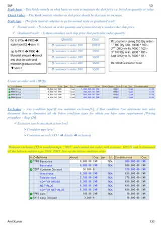SAP SD
Amit Kumar 130
Scale basis: -This field controls on what basis we want to maintain the slab price i.e. based on quantity or value.
Check Value: - This field controls whether to slab price should be decrease or increase.
Scale type: - This field controls whether to go for normal scale or graduated scale.
 Normal scale: - It is based on order quantity and system directly considers that slab price.
 Graduated scale: - System considers each slap price that particular order quantity.
Quantity Price
If customer’s order 100 10000
If customer’s order 200 9900
If customer’s order 300 9800
If customer’s order 400 9600
If customer’s order 500 9500
Create an order with 350 Qty
Exclusion: - Any condition type if you maintain exclusion[X], if that condition type determine into sales
document then it eliminates all the below condition types for which you have same requirement [Pricing
procedure – Reqt (2)].
 Exclusion can be maintain at two level
 Condition type level
 Condition record (VK11  details  exclusion)
Maintain exclusion [X] in condition type “Y007” and created one order with customer 100213 and it eliminated
all the below condition type Z004, ZDIS. Just see the below condition order
If customer is giving 350 Qty order:-
1st
100 Qty is Rs. 10000 * 100 =
2nd
100 Qty is Rs. 9900 * 100 =
3rd
100 Qty is Rs. 9800 * 100 =
Last 50 Qty is Rs. 9600 * 50 =
Its called Graduated scale
Go to V/06  PR00 
scale type [D] save it
go to VK11  PR00 
Material amount select
and click on scale and
maintain graduated scale
 save it.
 