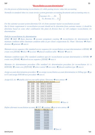 SAP SD
Amit Kumar 164
“Reconciliation account determination”
It is the process of determining reconciliation A/c while posting invoice value into accounting.
Normally in standard when we create invoice system generates accounting documents and accounting entry is:
Customer A/c........Dr.
To, Revenue A/c......Cr.
For the customer account system determine G/L A/c from customer master reconciliation account.
But if clients requirement is reconciliation account should not be determine from customer master, it should be
determine based on some other combination like plant & division then we will configure reconciliation A/c
determination.
Path for reconciliation A/c determination
SPRO  S&D  Basic function  account assignment coasting  reconciliation A/c determination 
maintain condition tables (maintain condition table as per client’s requirement Ex. Plant / Division)  Plant /
division  generate  save it.
Maintain access sequence (the standard access sequence for reconciliation account determination is KOAB) 
create own [ZOAB] select  accesses  placed condition table  fields  save it.
Maintain condition types (The standard condition type for reconciliation account determination is KOAB) 
create own [ZOAB]  placed access sequence [ZOAB]  save it.
Maintain A/c determination procedure (The standard A/c determination procedure for reconciliation A/c is
KOFIAB)  create own [ZOFIAB]  select control  new entry  placed condition type  save it.
Assign account determination procedure  we assign reconciliation account determination to billing type  go
to F2 and assign ZOFIAB new procedure  save it.
Assign G/L A/c  double click on your table (plant / Division)  new entries 
 Save it.
Define alternate reconciliation account  INT  continue  go to new entries 
 Save it.
 