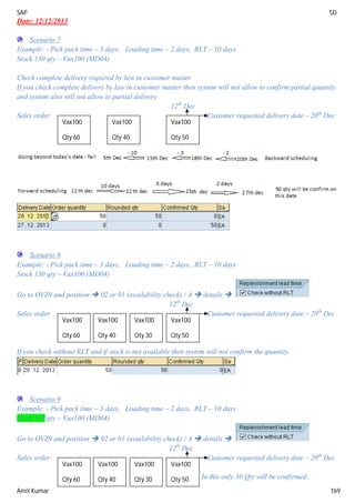 SAP SD
Amit Kumar 169
Date: 12/12/2013
Scenario 7
Example: - Pick pack time – 3 days, Loading time – 2 days, RLT – 10 days
Stock 130 qty – Vax100 (MD04)
Check complete delivery required by law in customer master
If you check complete delivery by law in customer master then system will not allow to confirm partial quantity
and system also will not allow to partial delivery
12th
Dec
Sales order Customer requested delivery date – 20th
Dec
Scenario 8
Example: - Pick pack time – 3 days, Loading time – 2 days, RLT – 10 days
Stock 130 qty – Vax100 (MD04)
Go to OVZ9 and position  02 or 01 (availability check) / A  details 
12th
Dec
Sales order Customer requested delivery date – 20th
Dec
If you check without RLT and if stock is not available then system will not confirm the quantity.
Scenario 9
Example: - Pick pack time – 3 days, Loading time – 2 days, RLT – 10 days
Stock 160 qty – Vax100 (MD04)
Go to OVZ9 and position  02 or 01 (availability check) / A  details 
12th
Dec
Sales order Customer requested delivery date – 20th
Dec
In this only 30 Qty will be confirmed.
Vax100
Qty 60
Vax100
Qty 50
Vax100
Qty 40
Vax100
Qty 60
Vax100
Qty 50
Vax100
Qty 40
Vax100
Qty 30
Vax100
Qty 60
Vax100
Qty 50
Vax100
Qty 40
Vax100
Qty 30
 
