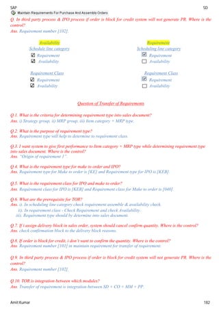 SAP SD
Amit Kumar 182
Q. In third party process & IPO process if order is block for credit system will not generate PR. Where is the
control?
Ans. Requirement number [102].
Availability Requirement
Schedule line category Scheduling line category
Requirement Requirement
Availability Availability
Requirement Class Requirement Class
Requirement Requirement
Availability Availability
Question of Transfer of Requirements
Q.1. What is the criteria for determining requirement type into sales document?
Ans. i) Strategy group, ii) MRP group, iii) Item category + MRP type.
Q.2. What is the purpose of requirement type?
Ans. Requirement type will help to determine to requirement class.
Q.3. I want system to give first performance to Item category + MRP type while determining requirement type
into sales document. Where is the control?
Ans. “Origin of requirement 1”.
Q.4. What is the requirement type for make to order and IPO?
Ans. Requirement type for Make to order is [KE] and Requirement type for IPO is [KEB].
Q.5. What is the requirement class for IPO and make to order?
Ans. Requirement class for IPO is [KEB] and Requirement class for Make to order is [040].
Q.6. What are the prerequisite for TOR?
Ans. i). In scheduling line category check requirement assemble & availability check.
ii). In requirement class - Check Requirement and check Availability.
iii). Requirement type should by determine into sales document.
Q.7. If i assign delivery block in sales order, system should cancel confirm quantity. Where is the control?
Ans. check confirmation block to the delivery block reasons.
Q.8. If order is block for credit, i don’t want to confirm the quantity. Where is the control?
Ans. Requirement number [101] in maintain requirement for transfer of requirement.
Q.9. In third party process & IPO process if order is block for credit system will not generate PR. Where is the
control?
Ans. Requirement number [102].
Q.10. TOR is integration between which modules?
Ans. Transfer of requirement is integration between SD + CO + MM + PP.
 
