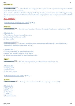 SAP SD
Amit Kumar 208
: - The schedule line category that the system tries to copy into the respective schedule
line in the target sales document.
If you leave the default schedule line category blank or if the value you enter is not allowed during processing,
then the system automatically determines the schedule line category (like it does when you create a new schedule
line.
Date: - 09/01/2014
“Sales document to delivery copy control” [VTLA]
: - Sales document to delivery document the standard header copy requirement is [001].
001 checks that: -
i) The reference document should be an order.
ii) Order should not block for credit.
iii) Status profile.
: - It comes into picture if you are combining multiple orders into single delivery.
The standard combination requirement is [051].
051 checks that: -
i) Delivery type should be same for all the orders.
ii) Billing type should be same for all the orders.
iii) Sales organisation should be same for all the orders.
: - The item copy requirement for sales document to delivery is 101.
101 checks that: -
i) Shipping point
ii) Delivery status
iii) Item status profile
“Delivery to invoice copy control” [VTFL]
: - Delivery to invoice the standard header copy requirement is [003].
003 checks that: -
i) Billing block
ii) Billing status
iii) PGI status
iv) POD status
v) Incomplete status
 