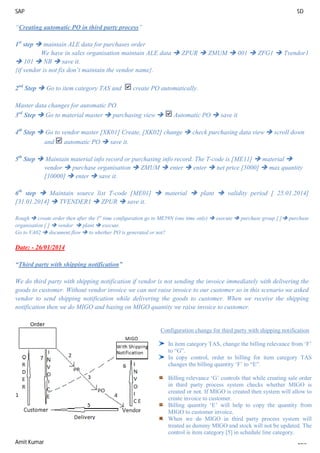 SAP SD
Amit Kumar 228
“Creating automatic PO in third party process”
1st
step  maintain ALE data for purchases order
We have in sales organisation maintain ALE data  ZPUR  ZMUM  001  ZFG1  Tvendor1
 101  NB  save it.
{if vendor is not fix don’t maintain the vendor name}.
2nd
Step  Go to item category TAS and create PO automatically.
Master data changes for automatic PO
3rd
Step  Go to material master  purchasing view  Automatic PO  save it
4th
Step  Go to vendor master [XK01] Create, [XK02] change  check purchasing data view  scroll down
and automatic PO  save it.
5th
Step  Maintain material info record or purchasing info record. The T-code is [ME11]  material 
vendor  purchase organisation  ZMUM  enter  enter  net price [5000]  max quantity
[10000]  enter  save it.
6th
step  Maintain source list T-code [ME01]  material  plant  validity period [ 25.01.2014]
[31.01.2014]  TVENDER1  ZPUR  save it.
Rough  create order then after the 1st
time configuration go to ME59N (one time only)  execute  purchase group [ ] purchase
organisation [ ]  vendor  plant  execute.
Go to VA02  document flow  to whether PO is generated or not?
Date: - 26/01/2014
“Third party with shipping notification”
We do third party with shipping notification if vendor is not sending the invoice immediately with delivering the
goods to customer. Without vendor invoice we can not raise invoice to our customer so in this scenario we asked
vendor to send shipping notification while delivering the goods to customer. When we receive the shipping
notification then we do MIGO and basing on MIGO quantity we raise invoice to customer.
Configuration change for third party with shipping notification
In item category TAS, change the billing relevance from ‘F’
to “G”.
In copy control, order to billing for item category TAS
changes the billing quantity ‘F’ to “E”.
Billing relevance ‘G’ controls that while creating sale order
in third party process system checks whether MIGO is
created or not. If MIGO is created then system will allow to
create invoice to customer.
Billing quantity ‘E’ will help to copy the quantity from
MIGO to customer invoice.
When we do MIGO in third party process system will
treated as dummy MIGO and stock will not be updated. The
control is item category [5] in schedule line category.
 