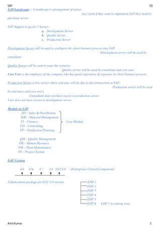 SAP SD
Amit Kumar 3
SAP Landscape: - A landscape is arrangement of server.
Any client if they want to implement SAP they need to
purchase server.
SAP Suggest to go for 3 Server:-
a. Development Server
b. Quality Server
c. Production Server
Development Server will be used to configure the client business process into SAP.
Development server will be used by
consultant.
Quality Server will be used to taste the scenario.
Quality server will be used by consultant and core user.
Core User is the employee of the company who has good experience & exposure in client business process.
Production Server is live server where end user will do day to day transaction in SAP.
Production server will be used
by end users and core users.
Consultant does not have excess to production server.
User does not have excess to development server.
Module in SAP
SD – Sales & Distribution
MM – Material Management
FI – Finance Core Module
CO – Controlling
PP – Production Planning
QM – Quality Management
HR – Human Resource
PM – Plant Maintenance
PS – Project System
SAP Version
4.0 4.6c 4.7 5.0 ECC6.0 (Enterprises Control Component)
Enhancement package for ECC 6.0 version EHP 1
EHP 2
EHP 3
EHP 4
EHP 5
EHP 6 EHP 7 is coming soon
 