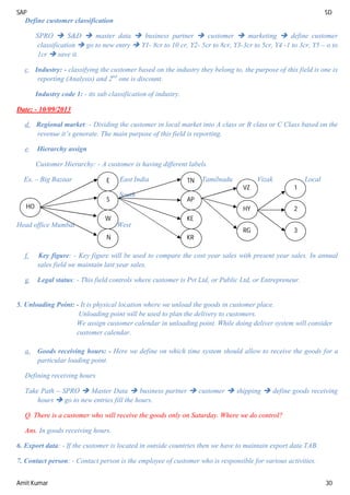 SAP SD
Amit Kumar 30
Define customer classification
SPRO  S&D  master data  business partner  customer  marketing  define customer
classification  go to new entry  Y1- 8cr to 10 cr, Y2- 5cr to 8cr, Y3-3cr to 5cr, Y4 -1 to 3cr, Y5 – o to
1cr  save it.
c. Industry: - classifying the customer based on the industry they belong to, the purpose of this field is one is
reporting (Analysis) and 2nd
one is discount.
Industry code 1: - its sub classification of industry.
Date: - 10/09/2013
d. Regional market: - Dividing the customer in local market into A class or B class or C Class based on the
revenue it’s generate. The main purpose of this field is reporting.
e. Hierarchy assign
Customer Hierarchy: - A customer is having different labels.
Ex. – Big Bazaar East India Tamilnadu Vizak Local
South
Head office Mumbai West
f. Key figure: - Key figure will be used to compare the cost year sales with present year sales. In annual
sales field we maintain last year sales.
g. Legal status: - This field controls where customer is Pvt Ltd, or Public Ltd, or Entrepreneur.
5. Unloading Point: - It is physical location where we unload the goods in customer place.
Unloading point will be used to plan the delivery to customers.
We assign customer calendar in unloading point. While doing deliver system will consider
customer calendar.
a. Goods receiving hours: - Here we define on which time system should allow to receive the goods for a
particular loading point.
Defining receiving hours
Take Path – SPRO  Master Data  business partner  customer  shipping  define goods receiving
hours  go to new entries fill the hours.
Q. There is a customer who will receive the goods only on Saturday. Where we do control?
Ans. In goods receiving hours.
6. Export data: - If the customer is located in outside countries then we have to maintain export data TAB.
7. Contact person: - Contact person is the employee of customer who is responsible for various activities.
HO
TN
AP
W
N
S
E
KR
KE
RG
HY
VZ
3
2
1
 