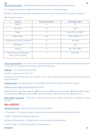 SAP SD
Amit Kumar 67
SD document category: - This document category controls the functioning of sales document.
Ex. – Inquiry and quotation is different that will be determine by document category.
Q. Where is the control that system will not allow to create delivery with reference to inquiry or quotation?
Ans. Document category.
Process Document category Document Types
Inquiry A IN
Quotation B QT
Order C OR, CF, CI, CS, RO
Return Order H RE. CONR, CP
Credit memo & Invoice correction K CR & RK
Debit memo L DR
Contract G QC, WK1, WK2
Free of charge & Subsequent
Delivery free of charge
I FD & SDF
Sales document block: - If we don’t want to use a particular document type then maintain this field, then system
will not allow creating the sales document with that document type.
Indicator: - We use indicator only for RK.
For RK we maintain indicator as “D”.
Indicator D controls that each line item from invoice will be copied as two line items in invoice correction
request document.
Number systems: - In sales document we have option of both internal number and external number.
Defining number ranges for sales document. [VN01]
SPRO  sales & distribution  sales  sales document  sales document header  define number ranges
for sales document  change interval  mention some number either internal or external and save it.
Item number increment: - This fields control how the line item number should be incremented in sales
document.
Date: - 08/10/2013
Sub item increment: - Sub item concept comes below scenarios:
i.) Free goods: - Free goods is relation to main item so free goods will have main item and sub item.
ii) BOM: - Material with multiple components.
iii) Material determination: - Substituting one material in place of other material.
iv) Cross selling: - Selling other products with main product.
 