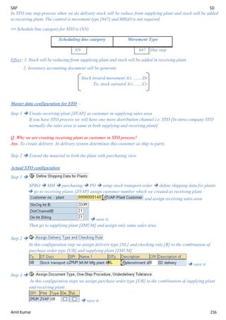 SAP SD
Amit Kumar 236
In STO one step process when we do delivery stock will be reduce from supplying plant and stock will be added
to receiving plant. The control is movement type [647] and MIGO is not required.
=> Schedule line category for STO is (NN)
Scheduling line category Movement Type
NN 647 One step
Effect: 1. Stock will be reducing from supplying plant and stock will be added in receiving plant.
2. Inventory accounting document will be generate.
Stock inward movement A/c ........Dr.
To, stock outward A/c........Cr.
Master data configuration for STO: -
Step 1  Create receiving plant [ZVAP] as customer in supplying sales area
If you have STO process we will have one more distribution channel i.e. STO [In intra company STO
normally the sales area is same in both supplying and receiving plant].
Q. Why we are creating receiving plant as customer in STO process?
Ans. To create delivery. In delivery system determines this customer as ship to party.
Step 2  Extend the material to both the plant with purchasing view
Actual STO configuration
Step 1 
SPRO  MM  purchasing  PO  setup stock transport order  define shipping data for plants
 go to receiving plants [ZVAP] assign customer number which we created as receiving plant
and assign receiving sales area
 save it.
Then go to supplying plant [ZMUM] and assign only same sales area.
Step 2 
In this configuration step we assign delivery type [NL] and checking rule [B] to the combination of
purchase order type [UB] and supplying plant [ZMUM]
 save it
Step 3 
In this configuration steps we assign purchase order type [UB] to the combination of supplying plant
and receiving plant .
 save it
 