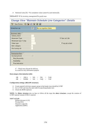 170
 Statistical value [X] = No cumulation values cannot be used statistically.
VOV6 of CT  No inventory management/No goods issue
 Check item relevant for delivery
It is used for only information purpose
Item category determination table:
OR + ERLA + NIL + NIL = TAQ
OR + NORM + NIL + TAQ = TAE
Configuration settings: [BELOW structure]
 Create material with item category group in the header item should be LUMF
 Go to VA01 and raise the sales order by specifying header item
 Check the BOM explosion
NOTE: For Below structure also we have to follow all the steps like above structure, except the creation of
LUMF material instead of ERLA material.
VOV7 of TAP:
Billing relevance is [A]
Pricing [NIL]
Structure scope [A]
Application [SD01]
 