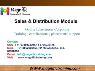 Sales & Distribution Module 
Online | classroom| Corporate 
Training | certifications | placements| support 
Contact: 
USA : +1-6786933994,+1-6786933475 
India : +91-9052666558,+91-9052666559, 040- 
69990056 
E-mail : info@magnifictraining.com 
Visit : www.magnifictraining.com 
WWW.magnifictraining.1 
com 
 