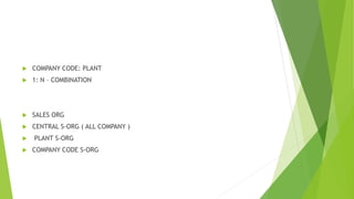  COMPANY CODE: PLANT
 1: N – COMBINATION
 SALES ORG
 CENTRAL S-ORG ( ALL COMPANY )
 PLANT S-ORG
 COMPANY CODE S-ORG
 
