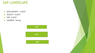 SAP LANDSCAPE
 DEVELOPMENT – CLIENT
 QUALITY –CLIENT
 PRD –CLIENT
 SANDBOX- Testing
DEV
QTY
PRD
 
