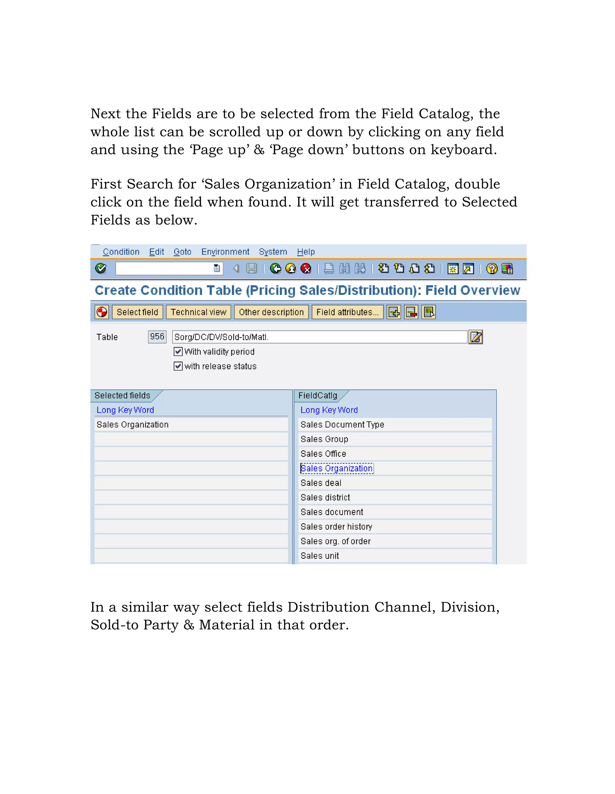 Next the Fields are to be selected from the Field Catalog, the
whole list can be scrolled up or down by clicking on any field
and using the „Page up‟ & „Page down‟ buttons on keyboard.
First Search for „Sales Organization‟ in Field Catalog, double
click on the field when found. It will get transferred to Selected
Fields as below.
In a similar way select fields Distribution Channel, Division,
Sold-to Party & Material in that order.
 
