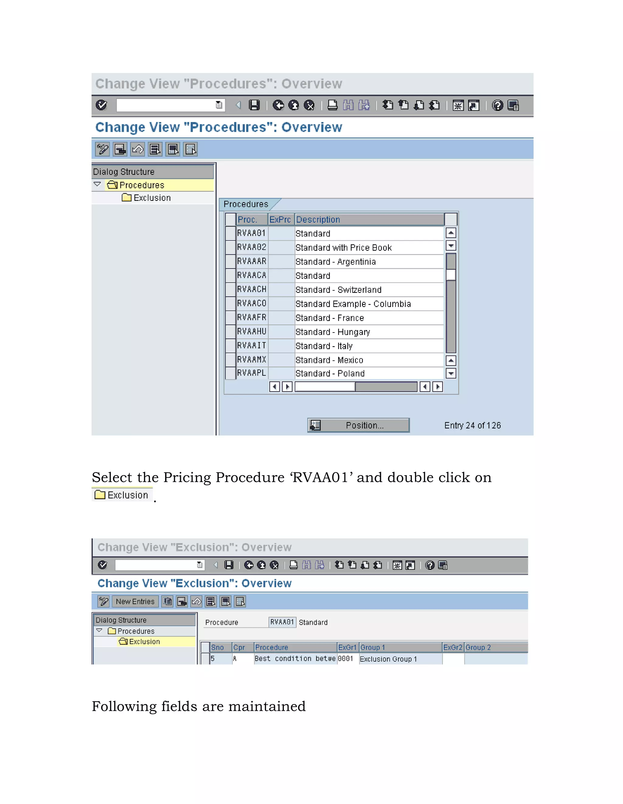 Select the Pricing Procedure „RVAA01‟ and double click on
.
Following fields are maintained
 