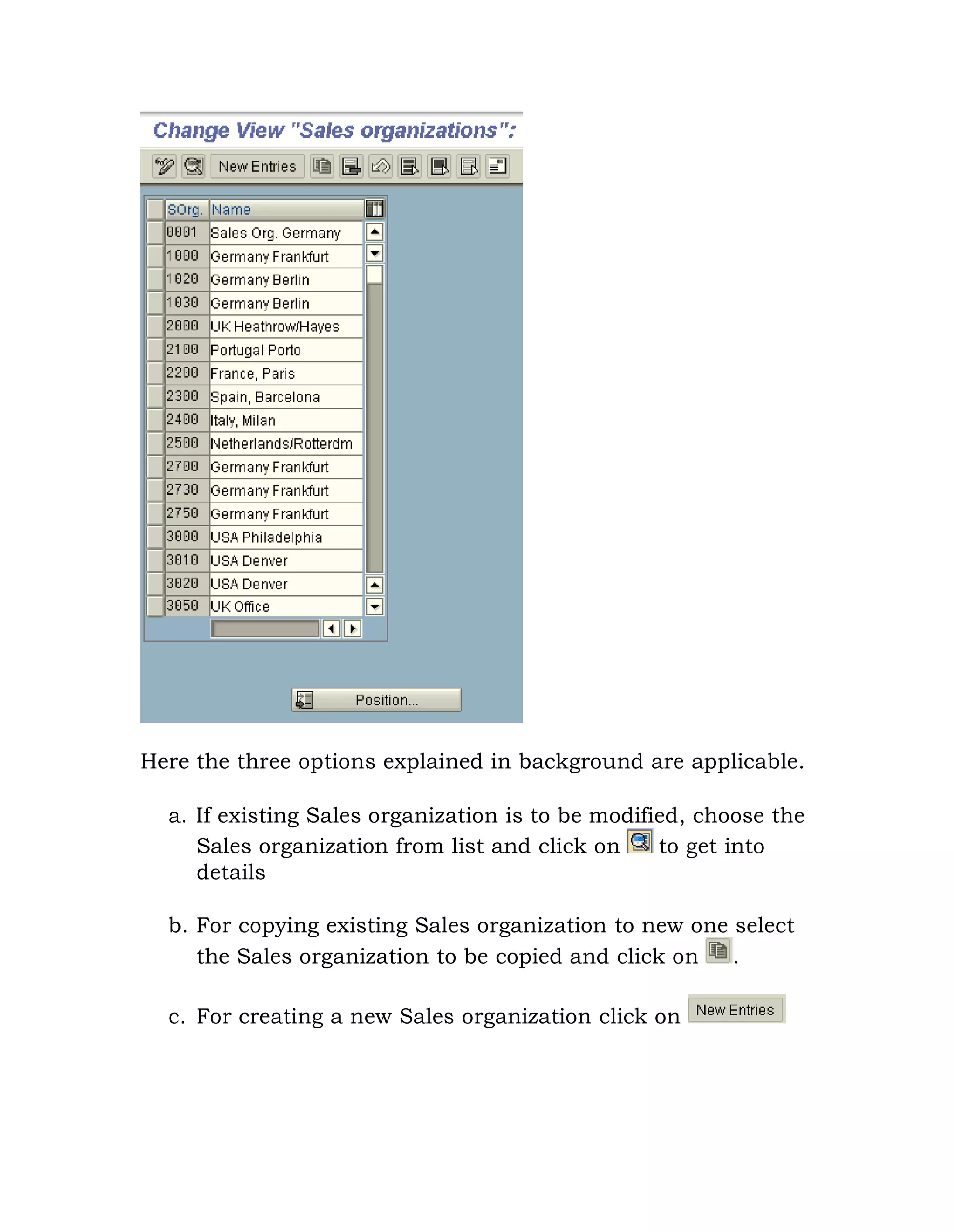Here the three options explained in background are applicable.
a. If existing Sales organization is to be modified, choose the
Sales organization from list and click on to get into
details
b. For copying existing Sales organization to new one select
the Sales organization to be copied and click on .
c. For creating a new Sales organization click on
 