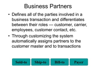 Business Partners
• Defines all of the parties involved in a
business transaction and differentiates
between their roles — customer, carrier,
employees, customer contact, etc.
• Through customizing the system
automatically assigns partners to the
customer master and to transactions
Sold-to Ship-to Bill-to Payer
 