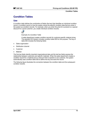 SAP AG Pricing and Conditions (SD-BF-PR)
Condition Tables
April 2001 13
Condition Tables
Use
A condition table defines the combination of fields (the key) that identifies an individual condition
record. A condition record is how the system stores the specific condition data that you enter in
the system as condition records. For example, when you enter the price for a product or a special
discount for a good customer, you create individual condition records.
Example of a Condition Table
A sales department creates condition records for customer-specific material prices.
The standard R/3 System includes condition table 005 for this purpose. The key of
table 005 includes the following fields:
· Sales organization
· Distribution channel
· Customer
· Material
The first two fields identify important organizational data and the last two fields express the
relationship between customers and specific materials. When the sales department creates a
condition record for a material price or discount that is specific to one customer, the system
automatically uses condition table 005 to define the key and store the record.
The following figure illustrates the connection between the condition table and the subsequent
condition records.
 