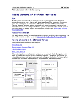 Pricing and Conditions (SD-BF-PR) SAP AG
Pricing Elements in Sales Order Processing
22 April 2001
Pricing Elements in Sales Order Processing
Use
All of the pricing elements that you use in your day-to-day pricing procedures - the prices,
surcharges, discounts, freight charges, and taxes - are defined in the R/3 system as condition
types. This section gives you an overview of the pricing elements and their corresponding
condition types that appear in Sales & Distribution (SD). When you create or maintain pricing
information for a particular pricing element in the system, you create condition records. For more
information about the tasks of creating and maintaining conditions, see Working with Condition
Records [Page 40].
Further Information
The task of actually defining condition types is part of system configuration and maintenance. For
further information on condition types, see Introduction to the Condition Technique [Page 10].
Pricing Elements in the Standard Version
Pricing elements are divided into four categories:
Prices [Page 24]
Surcharges and Discounts [Page 26]
Freight Costs [Page 28]
Sales Taxes [Page 29]
When entering sales orders, the system can carry out an automatic check. During sales order
entry, the system can calculate prices automatically by finding a gross price, deducting all the
relevant discounts and adding any surcharges such as freight and sales tax. The following figure
illustrates how the system represents various pricing elements of everyday business.
CONDITION TYPESPrice Elements
CType Description .......
Price
.
.
.
Customer disc.
Material
Price group
Material group
.
Freight
.
.
Prices
Freight
Taxes
- Price list
- Material price
- Customer-specific
......
- To customer
- To material
- To price group
- To material group
- Incoterms Part 1
- Incoterms Part 1+2
Display in system
PR00
.
.
.
K007
K004
K020
K029
.
KF00
.
.
Discounts and
surcharges
 
