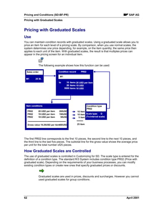 Pricing and Conditions (SD-BF-PR) SAP AG
Pricing with Graduated Scales
62 April 2001
Pricing with Graduated Scales
Use
You can maintain condition records with graduated scales. Using a graduated scale allows you to
price an item for each level of a pricing scale. By comparison, when you use normal scales, the
system determines one price depending, for example, on the item quantity; the same price then
applies to each unit of the item. With graduated scales, the result is that multiples prices can
appear in the pricing screen for an individual item.
The following example shows how this function can be used:
Condition record PR02Condition record PR02
Item conditionsItem conditions
toto 1010
0
99999999
2020
itemsitems
itemsitems
itemsitems
20 USD per item20 USD per item
19 USD19 USD
18 USD18 USD
M1
PR02
PR02
PR02
200USD
190USD
90USD
10 item
10 item
5 item
20 USD per item
19 USD per item
18 USD per item
Gross value 19.20USD per item480USD 25 item
Sales order
M1M1 25 St.25 St.
Condition type
PR02
Scale type: DScale type: D
(To-interval scale)(To-interval scale)
The first PR02 line corresponds to the first 10 pieces, the second line to the next 10 pieces, and
the third line to the last five pieces. The subtotal line for the gross value shows the average price
per unit for the total number of25 pieces.
How Graduated Scales are Controlled
The use of graduated scales is controlled in Customizing for SD. The scale type is entered for the
definition of a condition type. The standard R/3 System includes condition type PR02 (Price with
graduated scale). Depending on the requirements of your business processes, you can modify
existing condition types or create new ones that specify graduated prices or discounts.
Graduated scales are used in prices, discounts and surcharges. However you cannot
used graduated scales for group conditions.
 